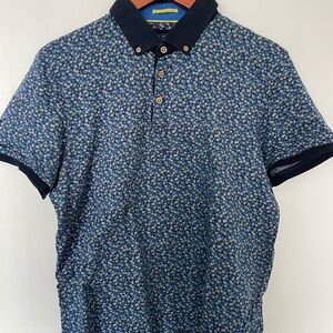 Ted Baker Blue Floral Print Polo with Navy Contrast Collar